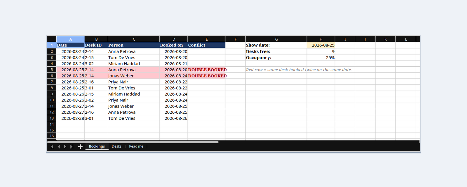 Free desk booking spreadsheet template for Excel and Google Sheets